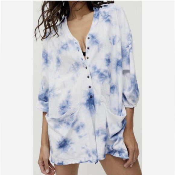 Urban outfitters tie-dye benni slouchy playsuit blue white pockets button down - Picture 7 of 7